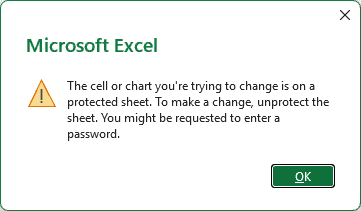 Excel error dialog stating the cell or chart is on a protected sheet and requires unprotection to make changes
