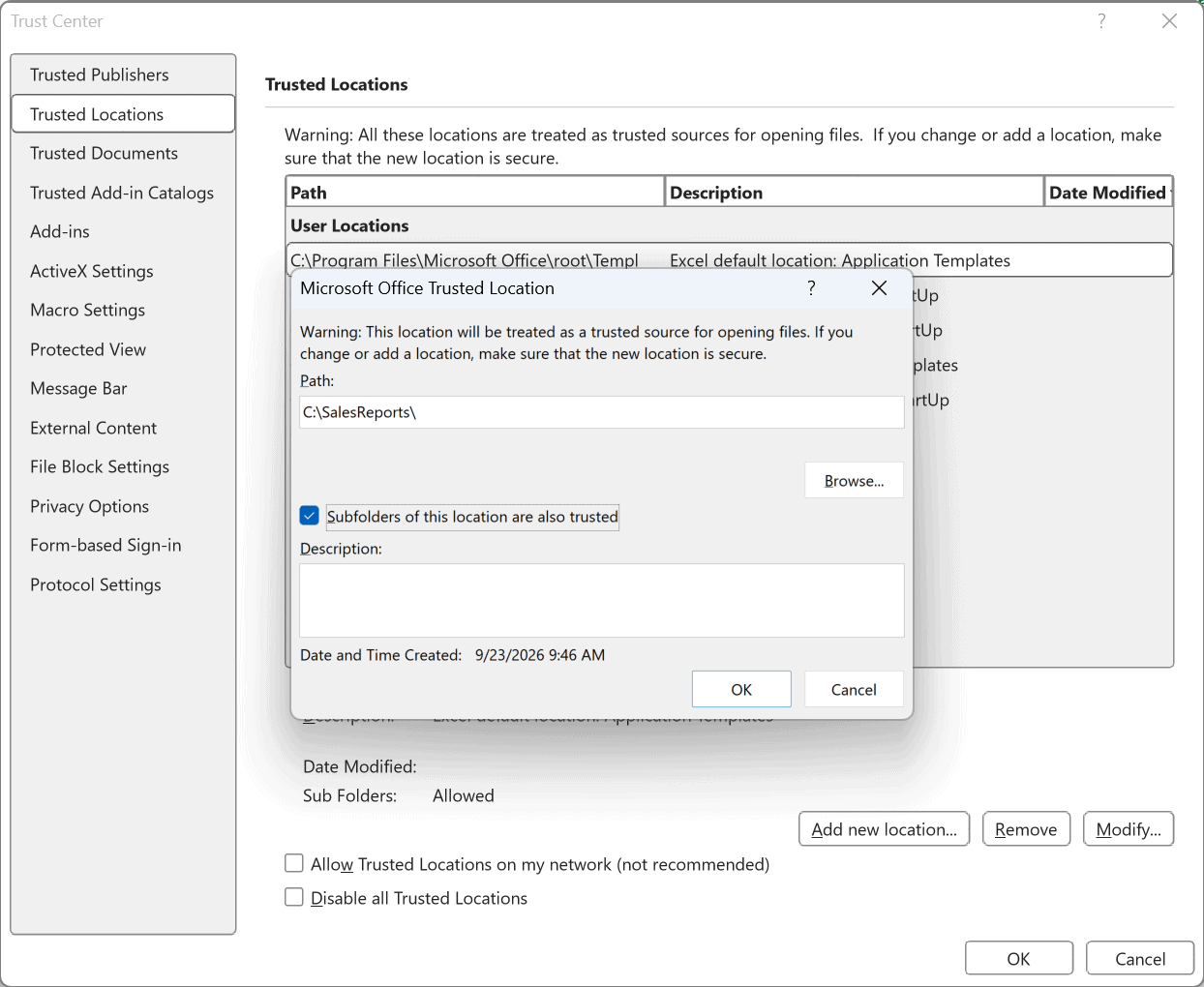 Microsoft Office Trusted Location dialog with a folder path and trusted subfolders selected