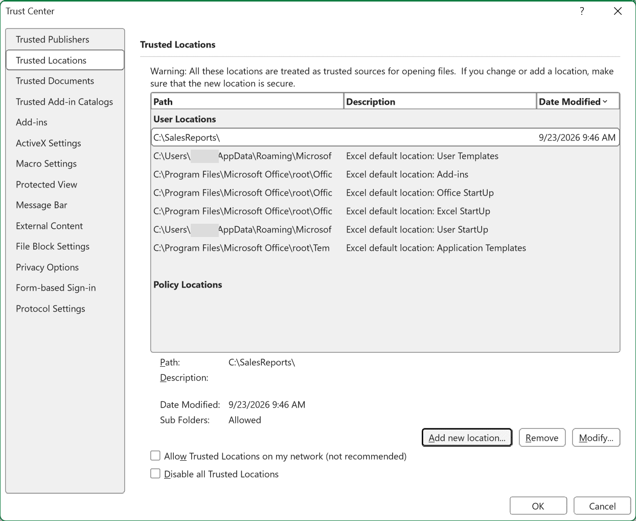 Excel Trusted Locations list showing the newly added SalesReports folder