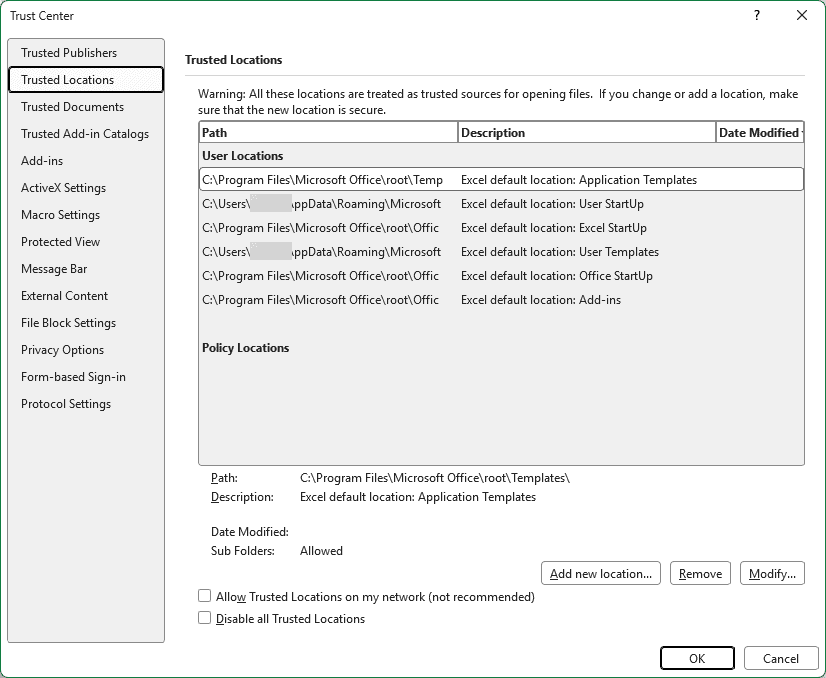 Excel Trust Center with Trusted Locations selected and the Add new location button