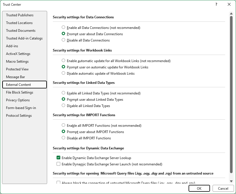 Excel External Content settings with Prompt user selected for automatic workbook link updates