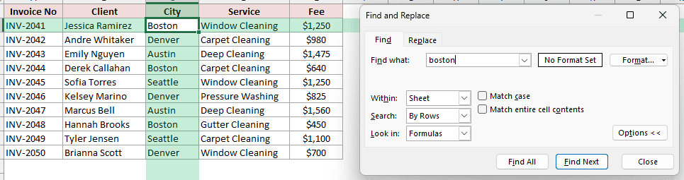 Excel Find dialog showing lowercase boston found in cell C2 with Match case unchecked
