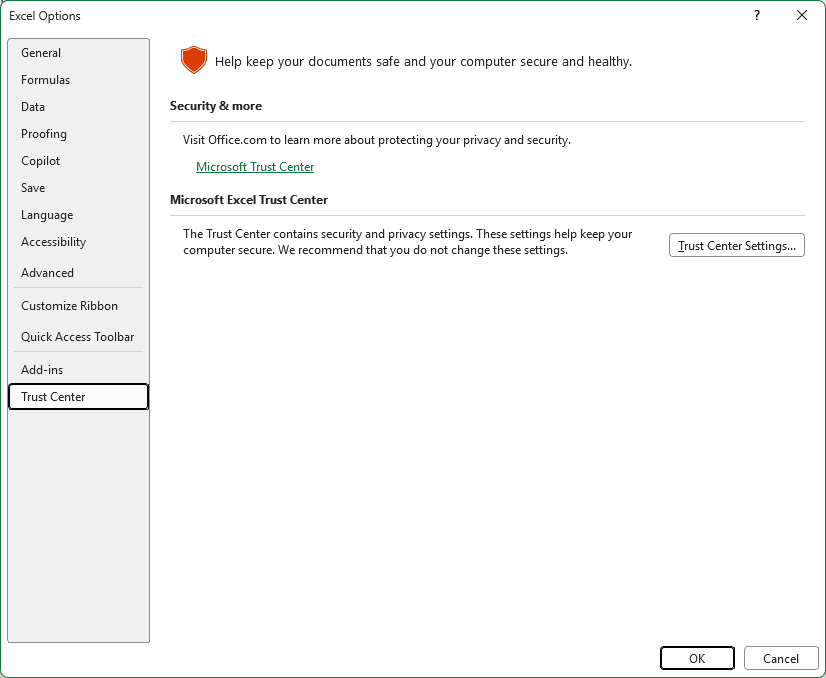Excel Options window with Trust Center selected and the Trust Center Settings button visible