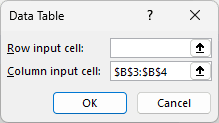 Data Table dialog with the multi-cell range $B$3:$B$4 entered as the Column input cell