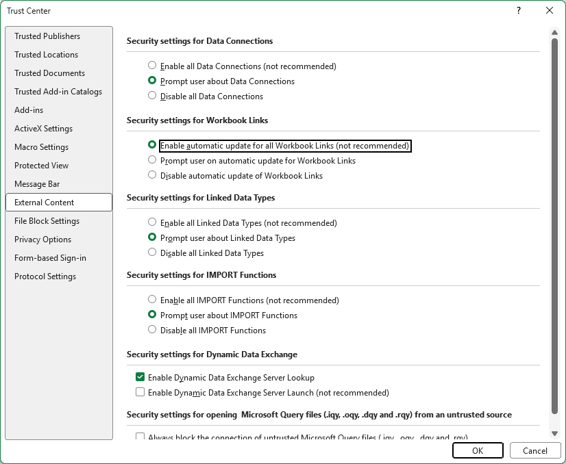Excel workbook link settings with Enable automatic update for all Workbook Links selected