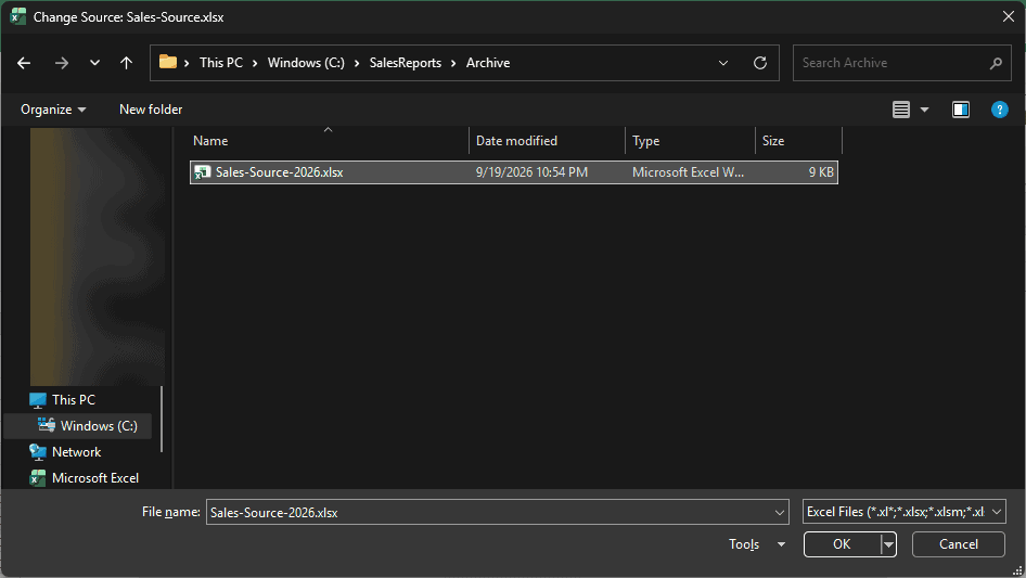 Change Source dialog with the relocated Sales-Source-2026.xlsx file selected and an OK button