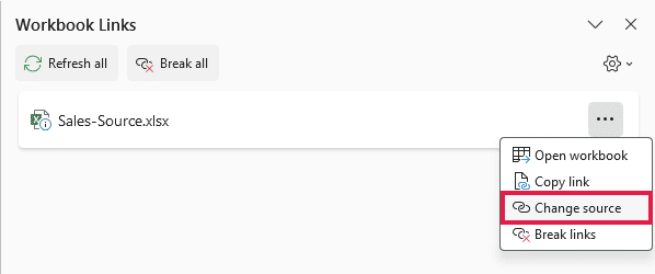 Workbook Links pane with Change source highlighted in the More Commands menu