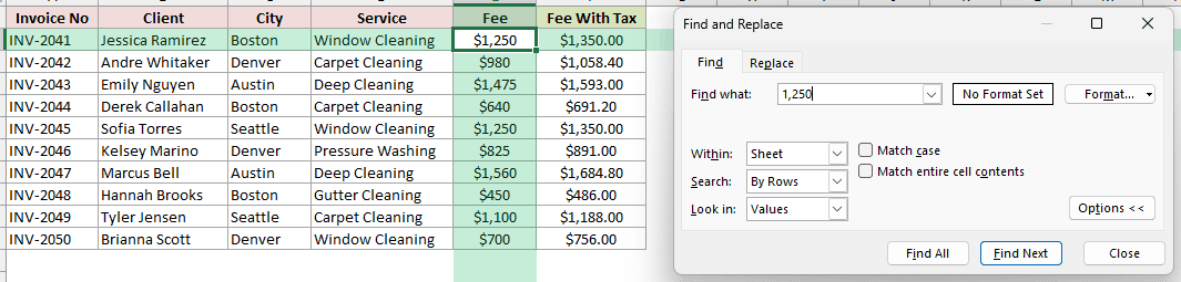 Excel Find dialog showing 1,250 found in cell E2 with Look in set to Values
