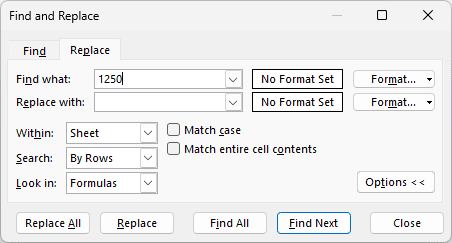 Excel Find and Replace dialog box with 1250 entered in Find what and Look in set to Formulas