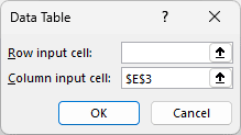Data Table dialog with E3, a cell inside the table range, entered as the Column input cell