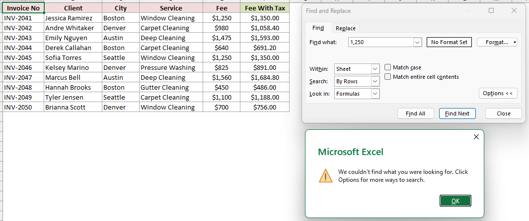 Excel Find dialog showing 1,250 not found with Look in set to Formulas
