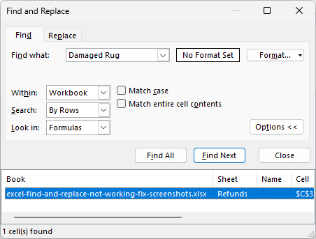 Excel Find All results showing Damaged Rug in cell C3 on the Refunds sheet with Within set to Workbook