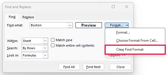 Excel Find Format menu with Clear Find Format available for removing a saved format criterion
