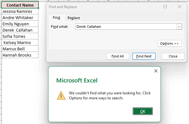 Excel Find dialog showing Derek Callahan not found because the cell contains a double space