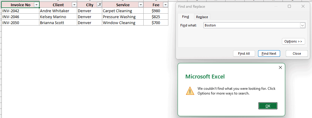 Excel Find dialog showing Boston not found while the Invoices sheet is filtered to Denver
