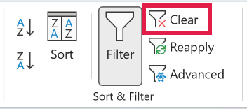The enabled Clear command on the Data tab removes the active worksheet filter.