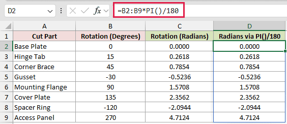 =B2:B9*PI()/180 in D2