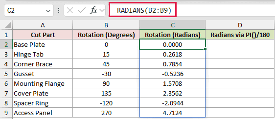 =RADIANS(B2:B9) in C2