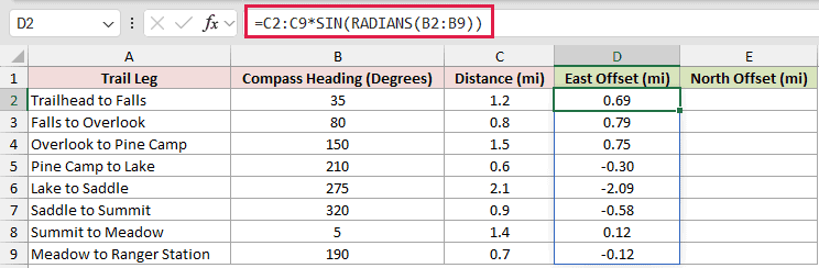 =C2:C9*SIN(RADIANS(B2:B9)) in D2