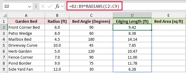 =B2:B9*RADIANS(C2:C9) in D2