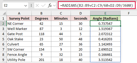 =RADIANS(B2:B9+C2:C9/60+D2:D9/3600) in E2