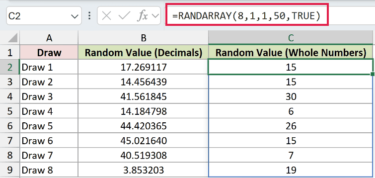 =RANDARRAY(8,1,1,50,TRUE) in C2