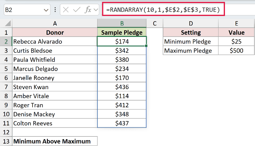 =RANDARRAY(10,1,$E$2,$E$3,TRUE) in B2