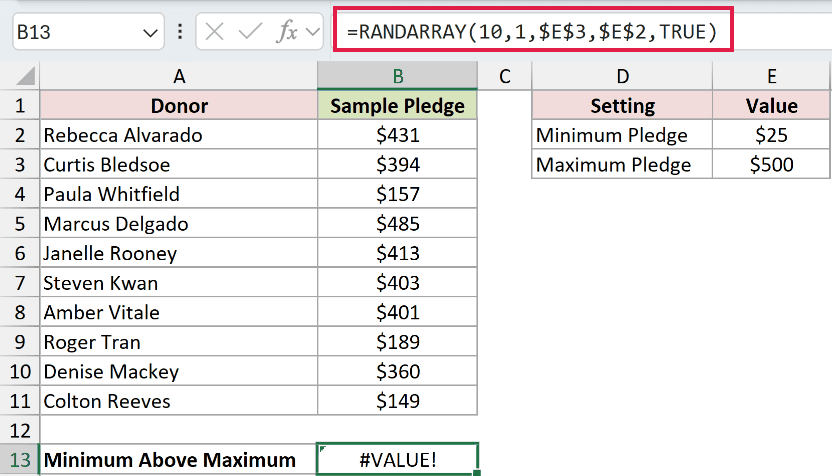 =RANDARRAY(10,1,$E$3,$E$2,TRUE) in B13