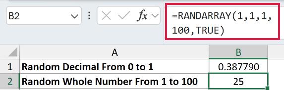 =RANDARRAY(1,1,1,100,TRUE) in B2