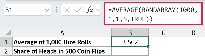 =AVERAGE(RANDARRAY(1000,1,1,6,TRUE)) in B1