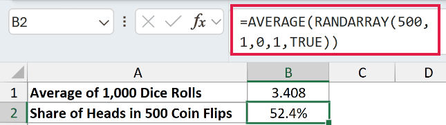 =AVERAGE(RANDARRAY(500,1,0,1,TRUE)) in B2