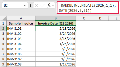 =RANDBETWEEN(DATE(2026,1,1),DATE(2026,3,31)) in B2