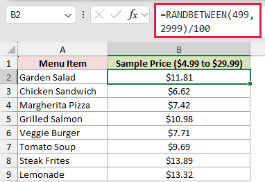 =RANDBETWEEN(499,2999)/100 in B2