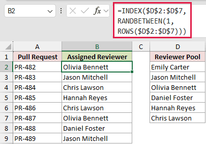 =INDEX($D$2:$D$7,RANDBETWEEN(1,ROWS($D$2:$D$7))) in B2