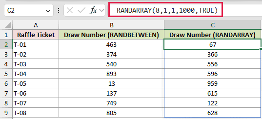 =RANDARRAY(8,1,1,1000,TRUE) in C2