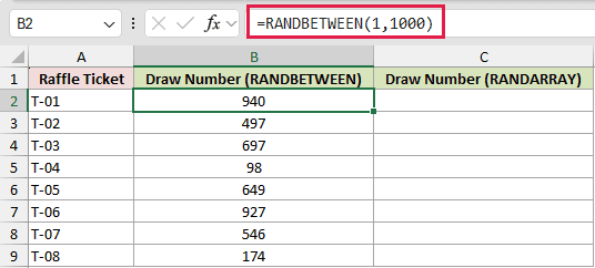 =RANDBETWEEN(1,1000) in B2