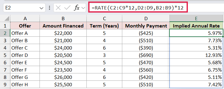 =RATE(C2:C9*12,D2:D9,B2:B9)*12 in E2
