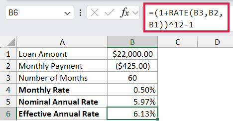 =(1+RATE(B3,B2,B1))^12-1 in B6