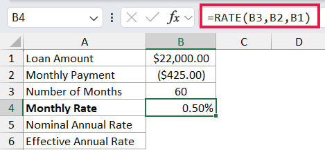 =RATE(B3,B2,B1) in B4