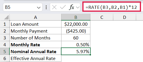=RATE(B3,B2,B1)*12 in B5