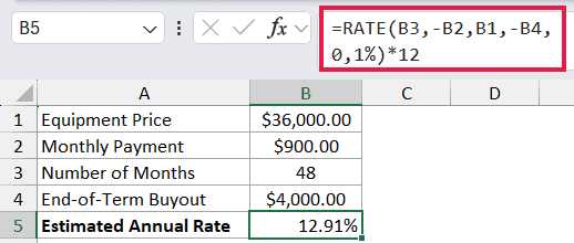 =RATE(B3,-B2,B1,-B4,0,1%)*12 in B5