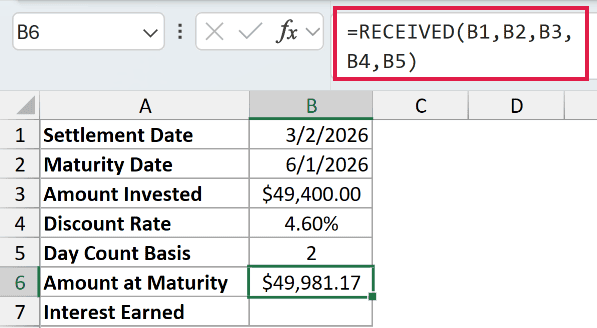 =RECEIVED(B1,B2,B3,B4,B5) in B6