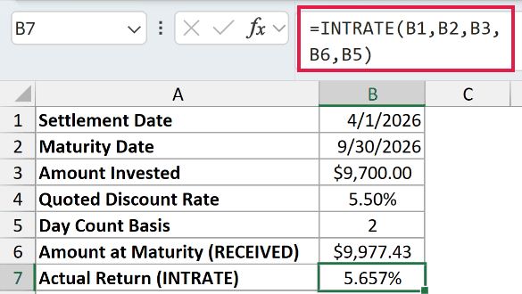 =INTRATE(B1,B2,B3,B6,B5) in B7