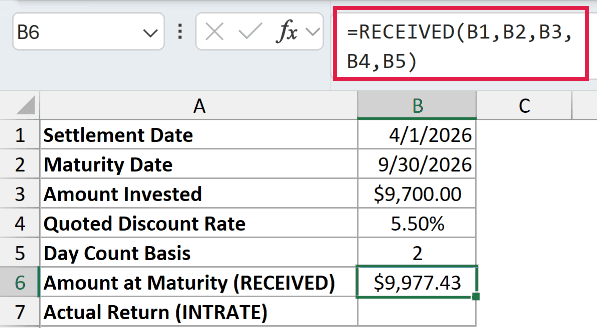 =RECEIVED(B1,B2,B3,B4,B5) in B6
