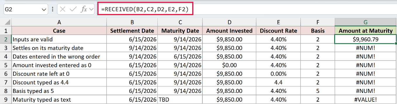 =RECEIVED(B2,C2,D2,E2,F2) in G2
