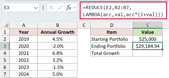 =REDUCE(E2,B2:B7,LAMBDA(acc,val,acc*(1+val))) in E3