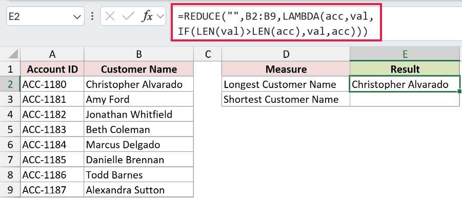 =REDUCE("",B2:B9,LAMBDA(acc,val,IF(LEN(val)>LEN(acc),val,acc))) in E2