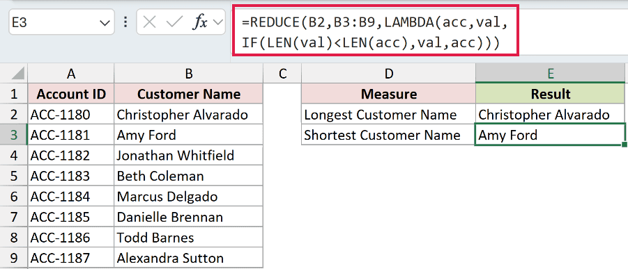 =REDUCE(B2,B3:B9,LAMBDA(acc,val,IF(LEN(val)<LEN(acc),val,acc))) in E3