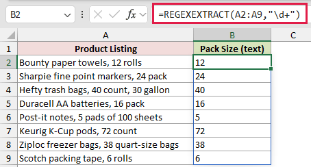 =REGEXEXTRACT(A2:A9,"\d+") in B2