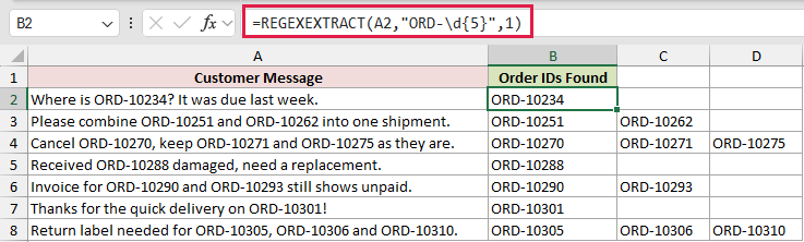 =REGEXEXTRACT(A2,"ORD-\d{5}",1) in B2